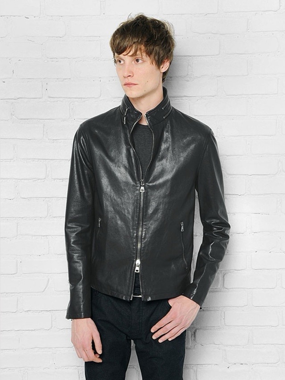 John Varvatos Collection Stand Collar Leather Jacket Size EU 48 USA 38